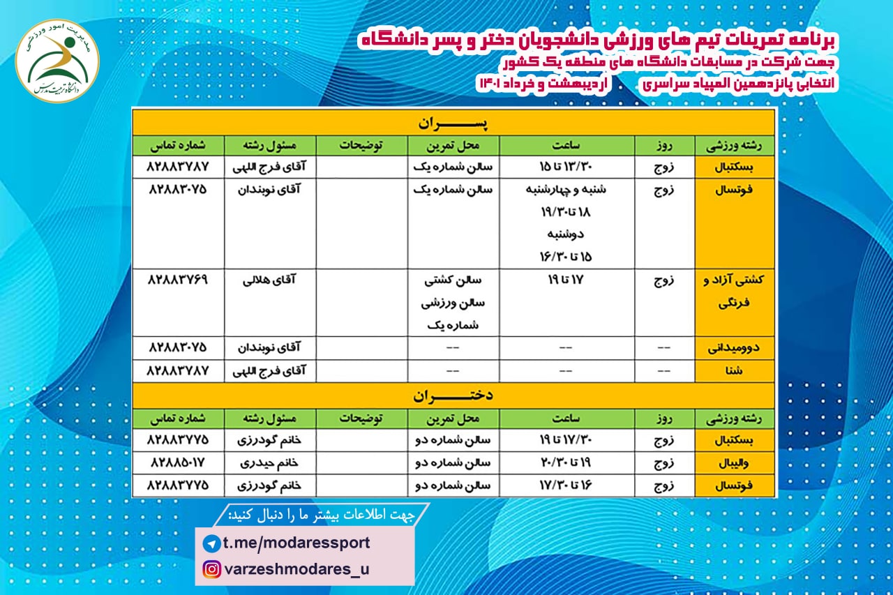 برنامه تمرینات تیم‌های ورزشی دانشجویان دختر و پسر دانشگاه